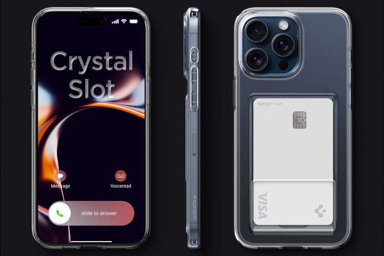 Ốp lưng iPhone 15 Pro Max Spigen Crystal Slot - Chống va đập, trong suốt góp phần khoe ra màu máy của iPhone một cách tinh tế