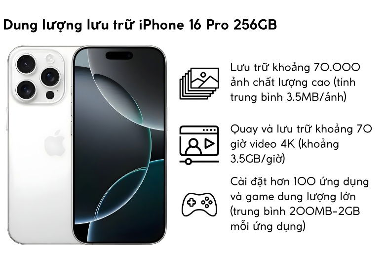 iPhone 16 Pro 256GB bộ nhớ đủ dùng