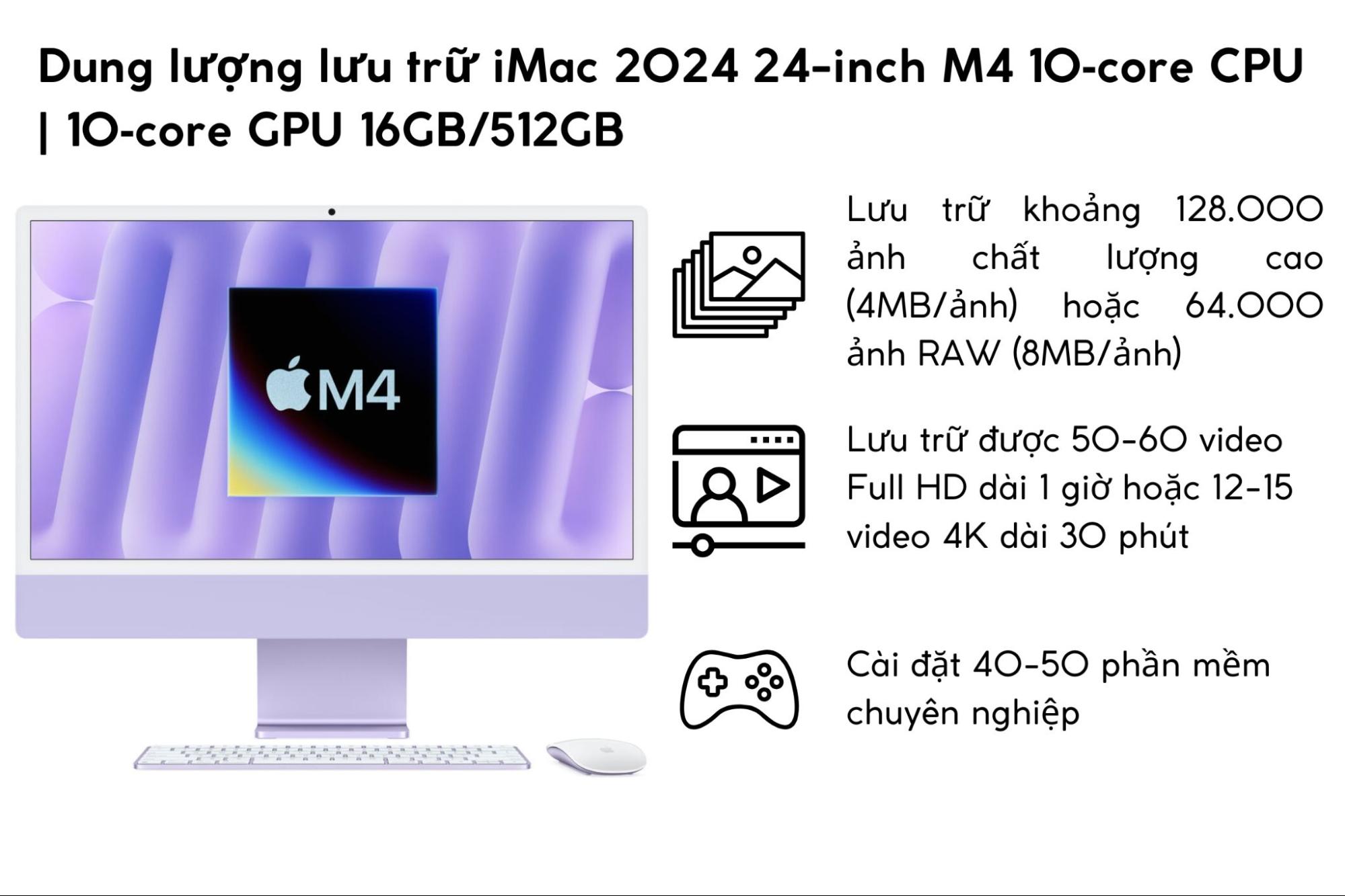 Dung lượng iMac 2024 24 inch M4 10‑core CPU | 10‑core GPU 16GB/512GB