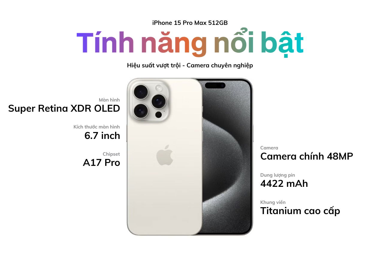 Thông số kỹ thuật của iPhone 15 Pro Max 512GB, với chip A17 Pro, màn hình Super Retina XDR và camera Pro 48MP.