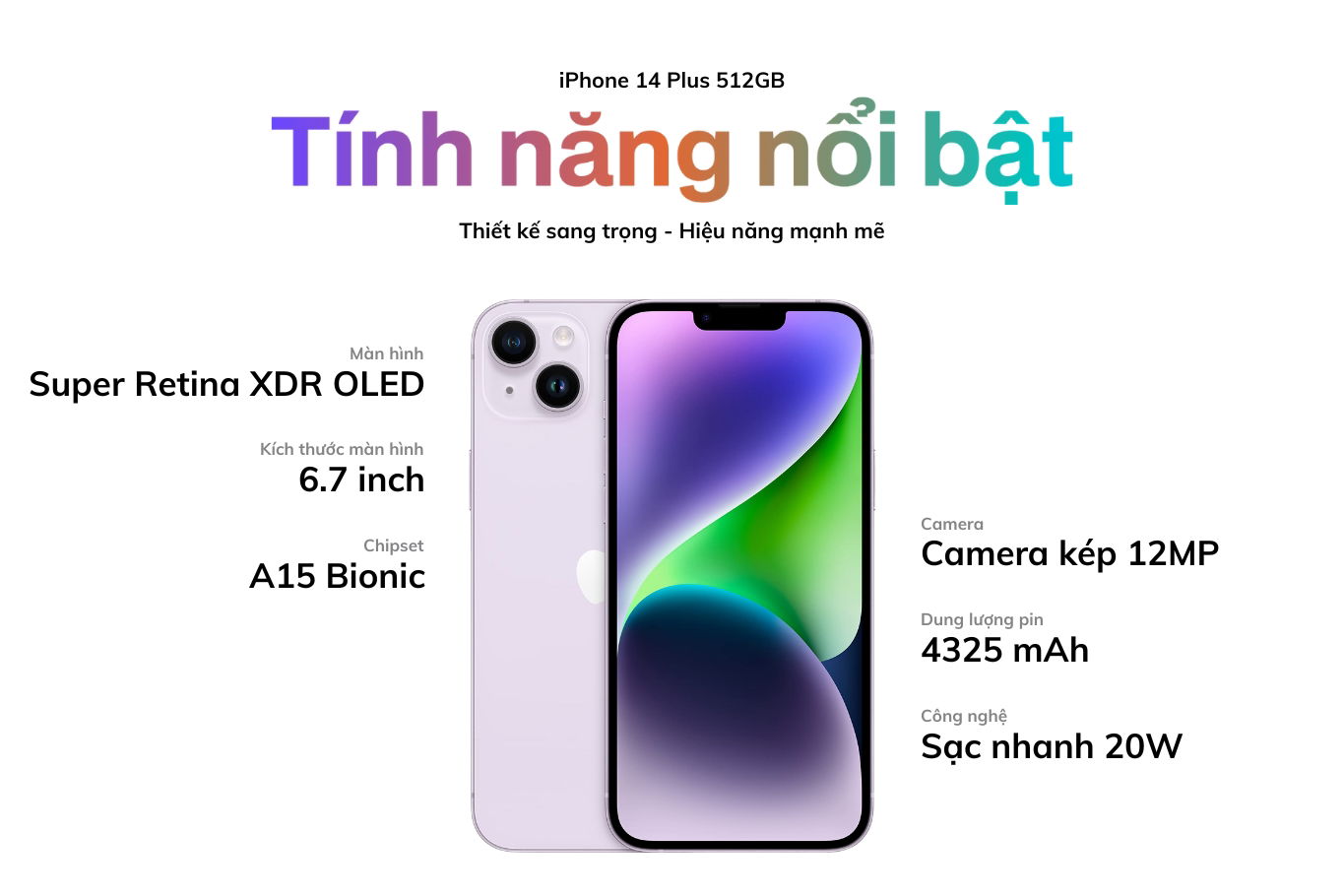 Màn hình Super Retina XDR, chip A15 Bionic và camera 12MP với Photonic Engine trên iPhone 14 Plus 512GB.