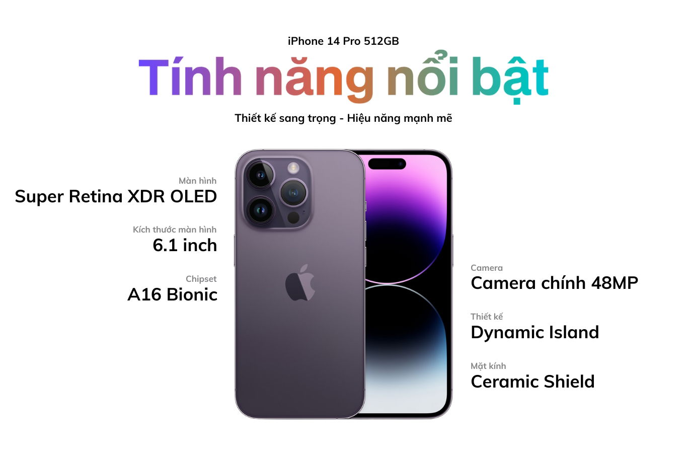Thông số kỹ thuật của iPhone 14 Pro 512GB với chip A16 Bionic, camera 48MP và màn hình ProMotion.