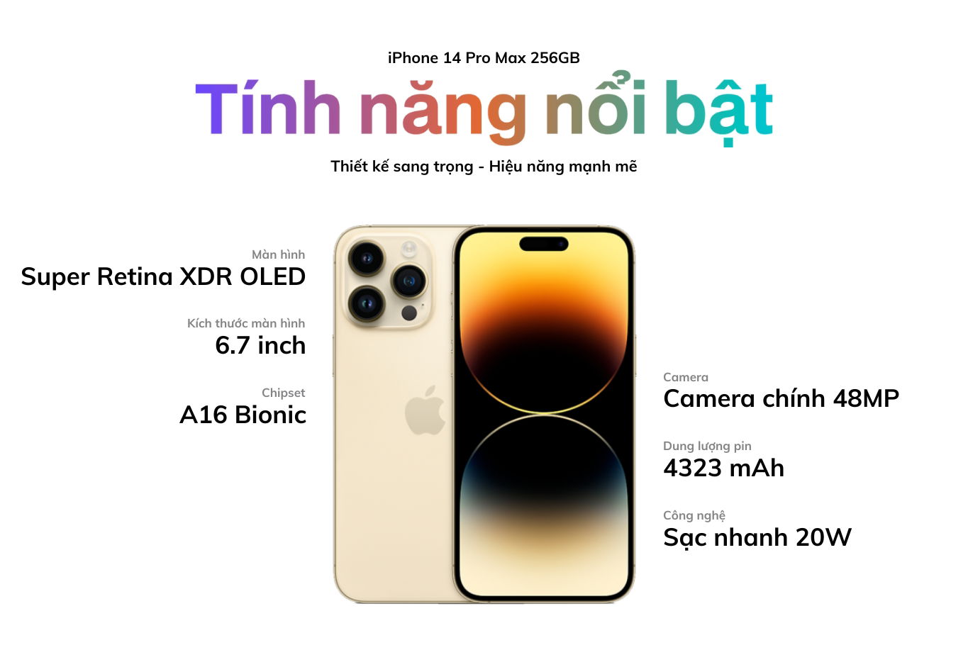 Thông số kỹ thuật nổi bật của iPhone 14 Pro Max 256GB: Màn hình OLED Super Retina, chip A16 Bionic và camera 48MP