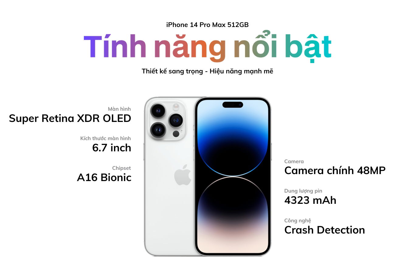Thông số kỹ thuật chi tiết của iPhone 14 Pro Max 512GB, bao gồm chip A16 Bionic và camera 48MP