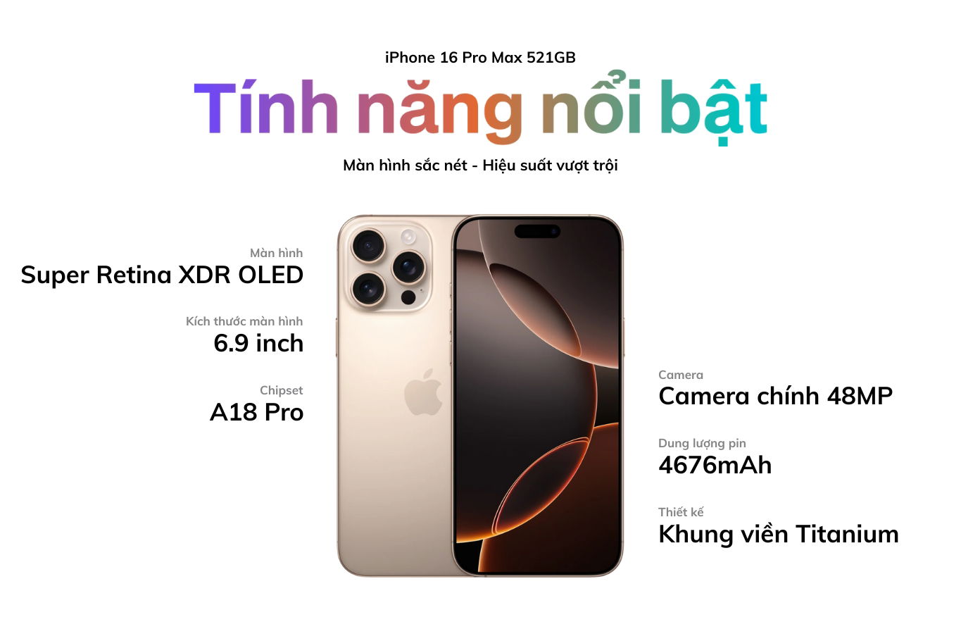 Phone 16 Pro Max 512GB với màn hình Super Retina XDR, chip A18 Pro mạnh mẽ 