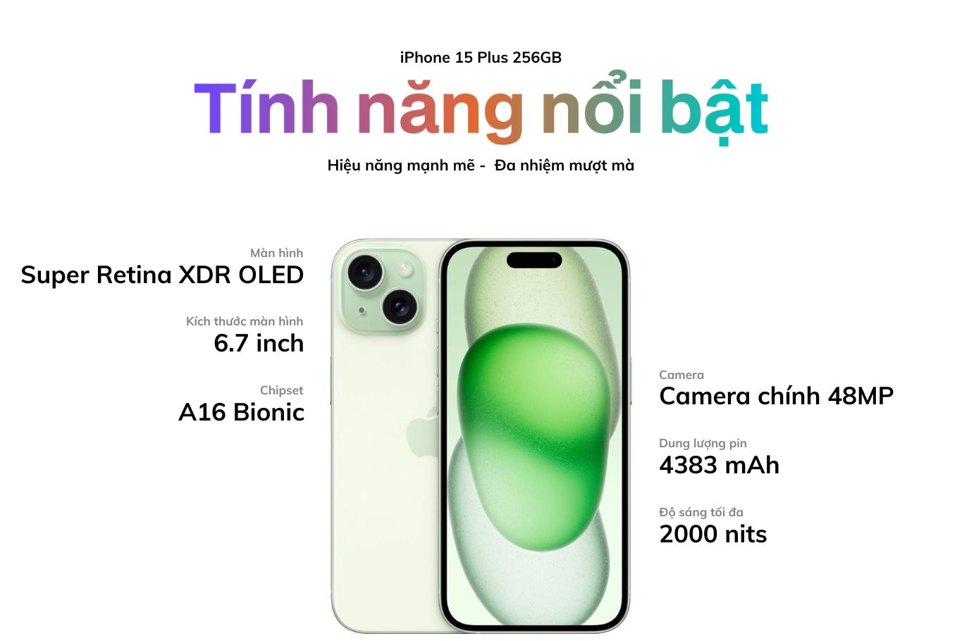iPhone 15 Plus 256GB với màn hình 6.7 inch, chip A16 Bionic, và camera 48MP