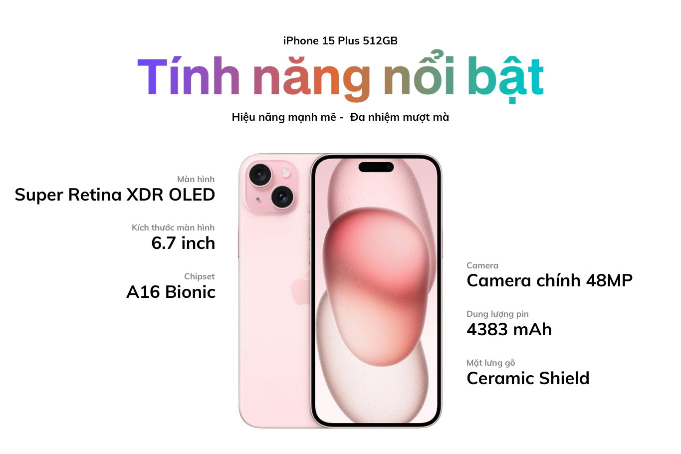 iPhone 15 Plus 512GB với màn hình Super Retina XDR, chip A16 Bionic và camera chất lượng cao, mang lại trải nghiệm vượt trội