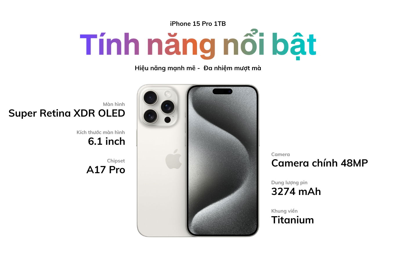 iPhone 15 Pro 1TB với chip A17 Pro và màn hình OLED 6.1 inch, mang lại hiệu suất cao và độ bền vượt trội.