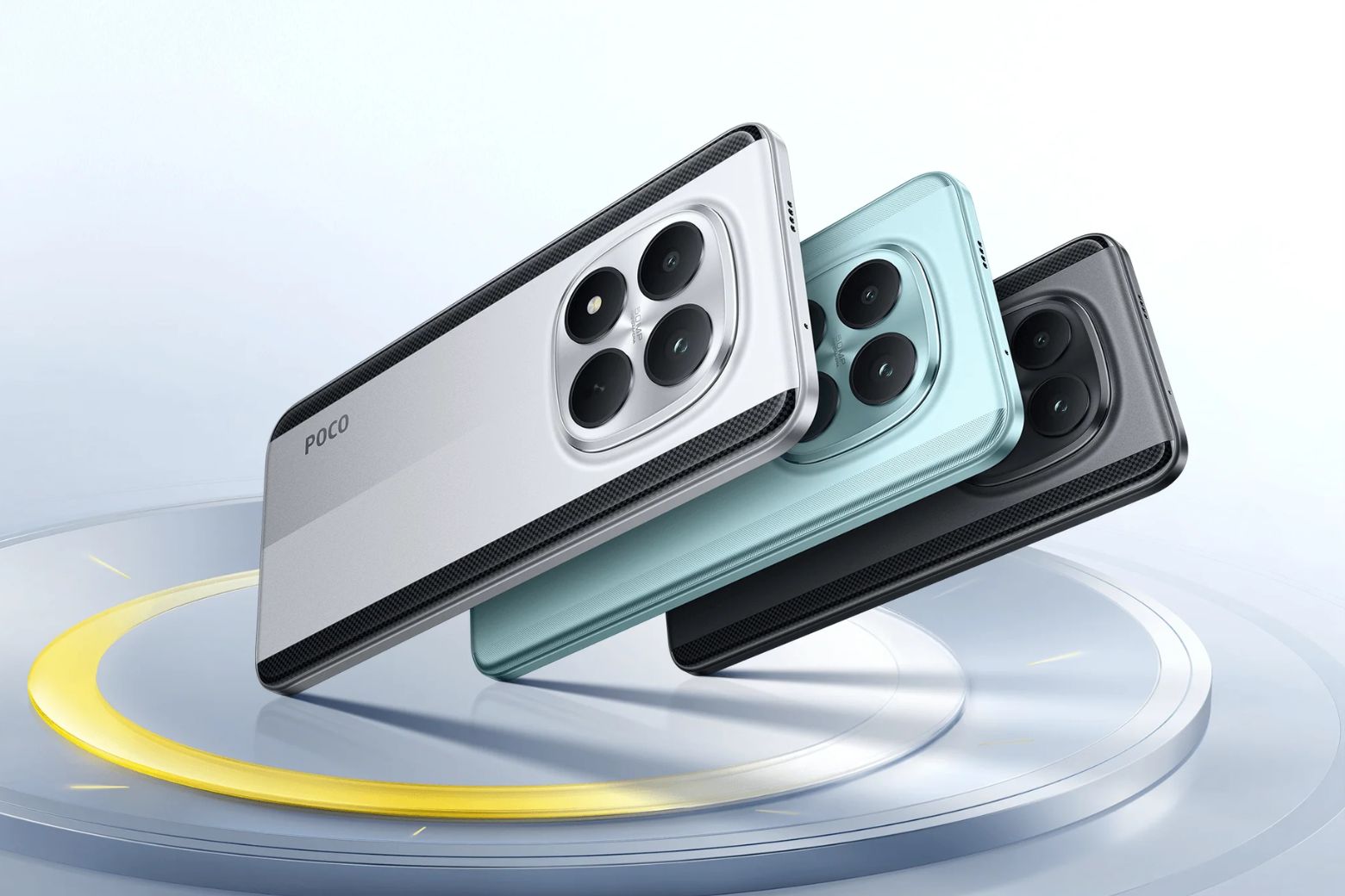 POCO M8 Pro 5G với thiết kế mặt lưng cong 3 màu Đen, Bạc, Xanh lá