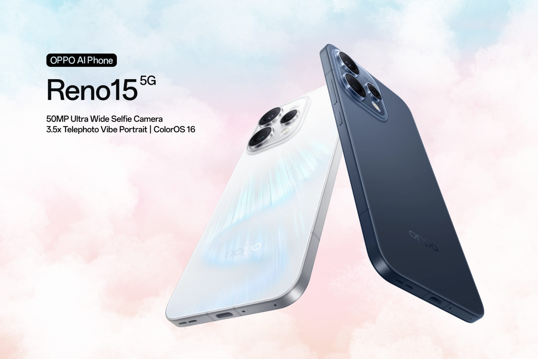 OPPO Reno15 5G với hai màu Trắng và Xanh tối giản đầy sang trọng, cổ điển