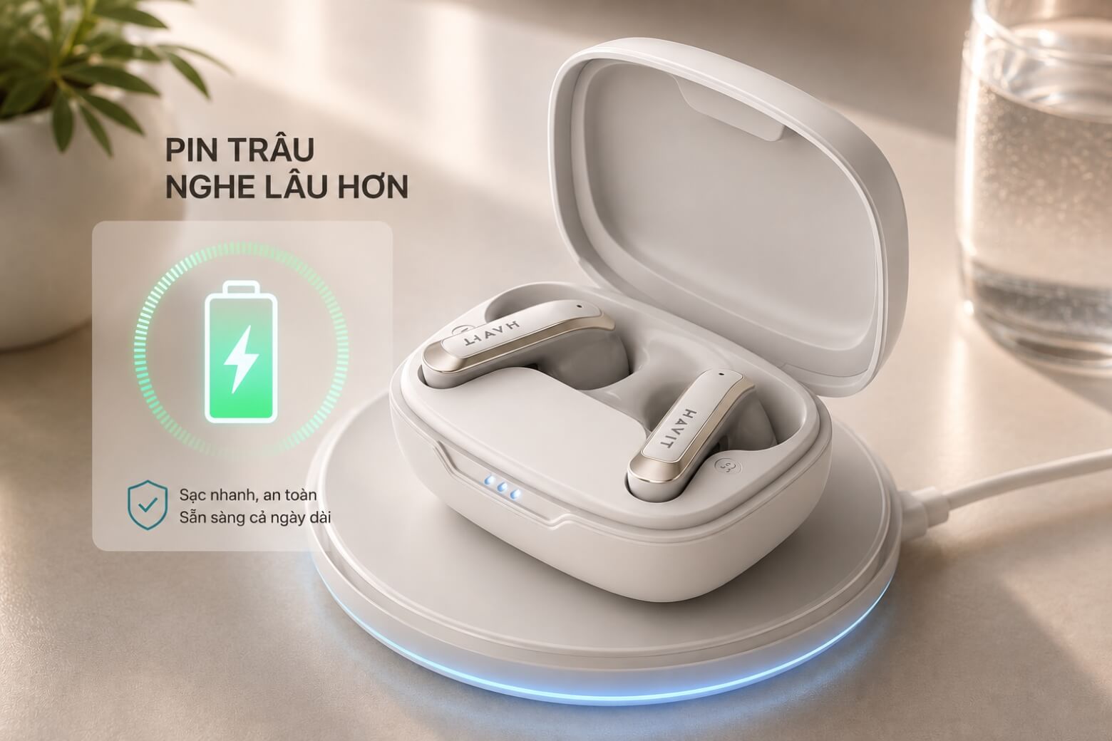 Tai nghe True Wireless Havit ANC TW999 thời lượng pin có thể sử dụng từ sáng đến chiều
