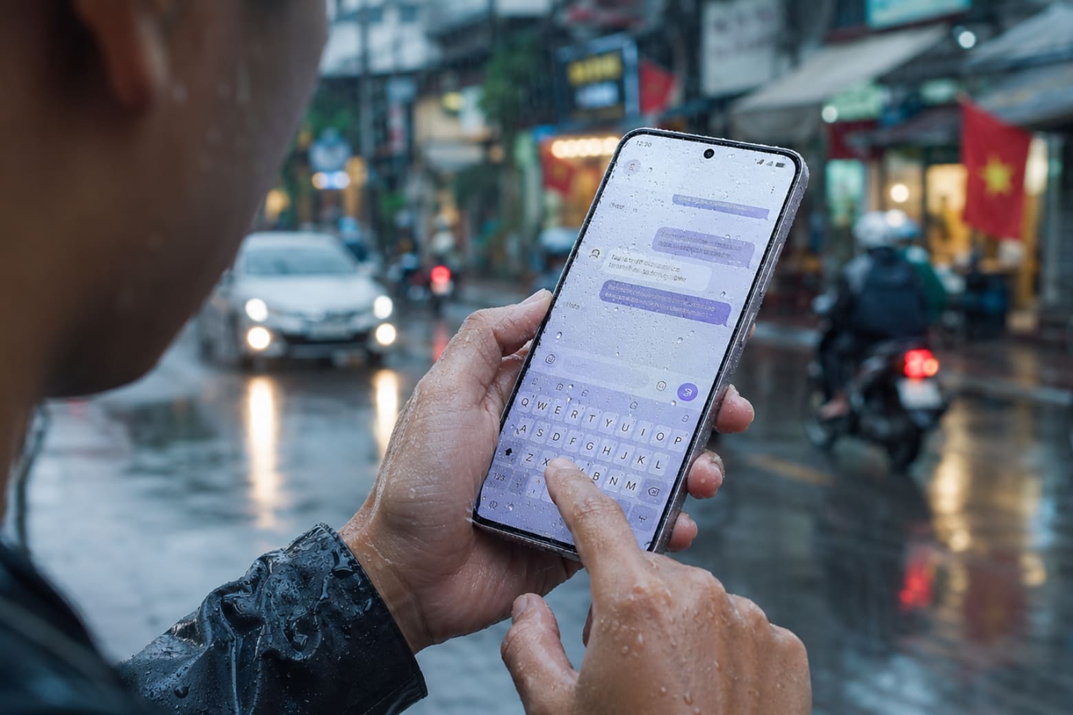 Thao tác nhắn tin trên màn hình Xiaomi Redmi Note 15 Pro 5G dưới trời mưa nhờ chuẩn IP69K