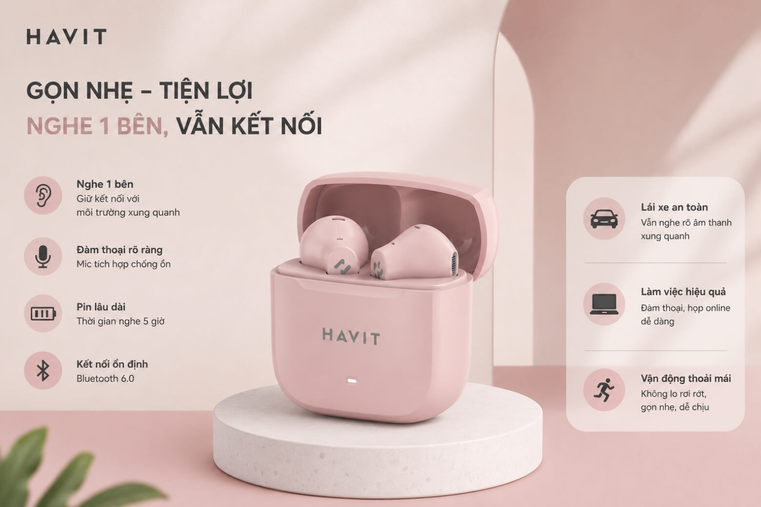Tai nghe True Wireless Havit Life T2 TW966 được trang bị nhiều tiện ích hiện đại