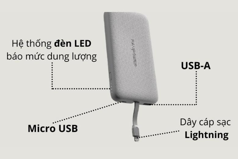 Sạc nhiều lần, đèn LED hiển thị mức pin