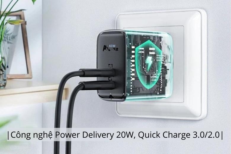 Củ sạc mang công nghệ tiên tiến như Power Delivery 20W, Quick Charge 3.0/2.0 cho AFC, FCP và đa dạng các giao thức tính phí khác