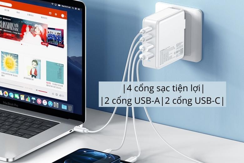 sản phẩm có đến 4 cổng kết nối với 2 cổng USB-C và 2 cổng USB-A cho phép người dùng sạc cùng lúc 4 thiết bị