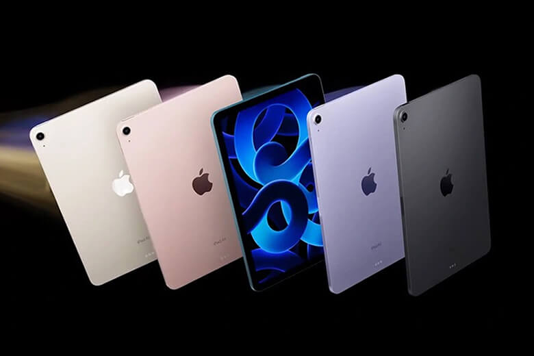 iPad Air 5 có 5 phiên bản màu sắc trong đó có 2 màu mới như Tím, Xanh dương, Xám không gian, Hồng và Trắng ánh sao