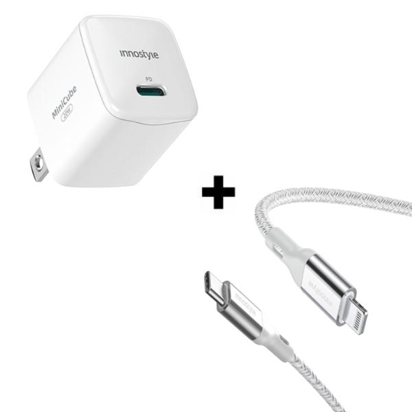 Bộ combo sạc cáp Innostyle 20W PowerFlex Type C to Lightning màu bạc