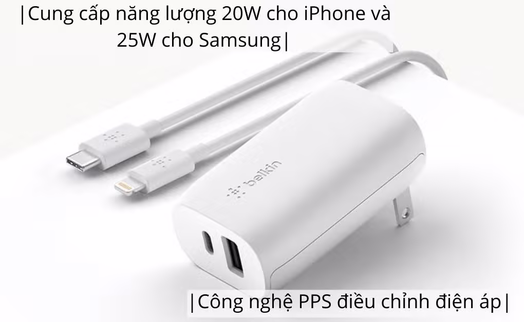 Củ sạc 37W 2 cổng USB-C PD 25W + USB-A 12W Belkin-Màu trắng - ảnh 5