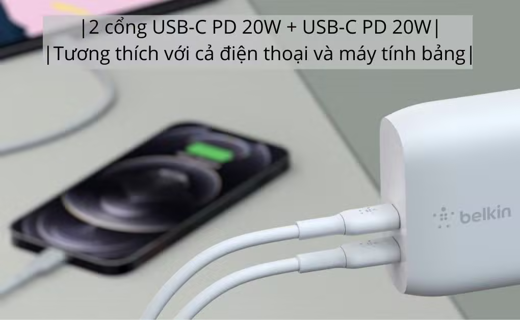 Củ sạc 40W 2 cổng USB-C PD 20W + USB-C PD 20W Belkin-Màu trắng - ảnh 4