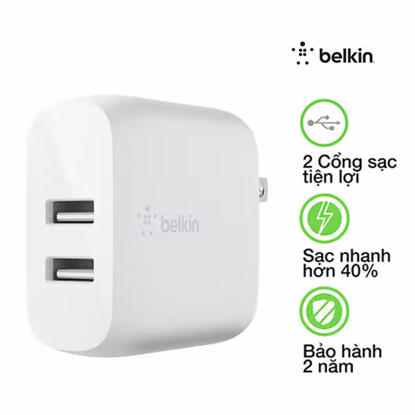 Củ sạc 24W 2 cổng USB-A 12W Belkin-Màu trắng - ảnh 1
