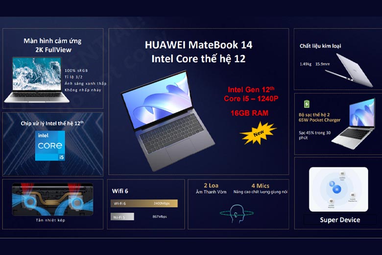 Laptop Huawei MateBook 14 -  Thiết kế mỏng nhẹ, sang trọng, màn hình cảm ứng 2K