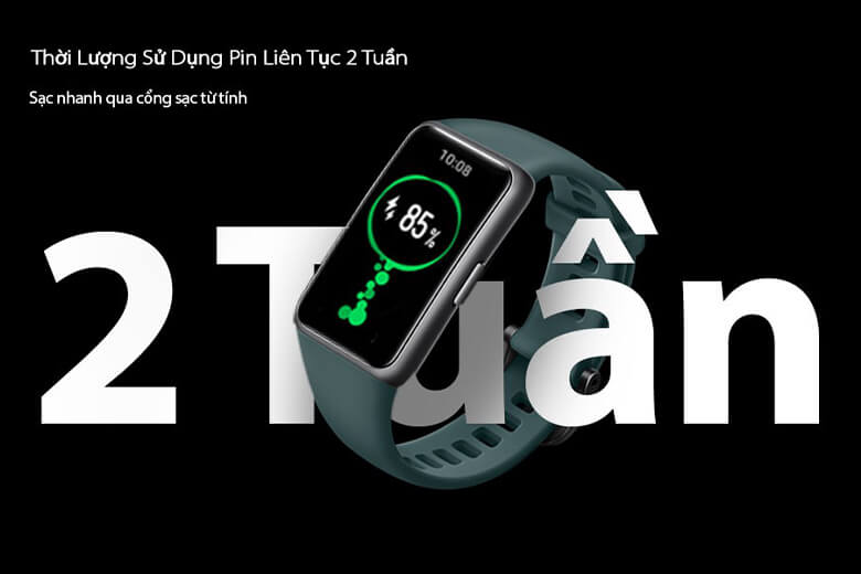 Viên pin tích hợp trên vòng đeo tay thông minh Huawei Band 7 có thời lượng sử dụng đến 2 tuần và chỉ cần sạc 5 phút