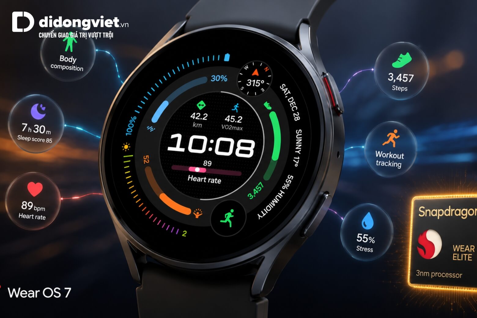 Hiệu năng khủng từ chip Snapdragon 3nm và Wear OS 7 trên Galaxy Watch9: Xử lý tức thì, không độ trễ!