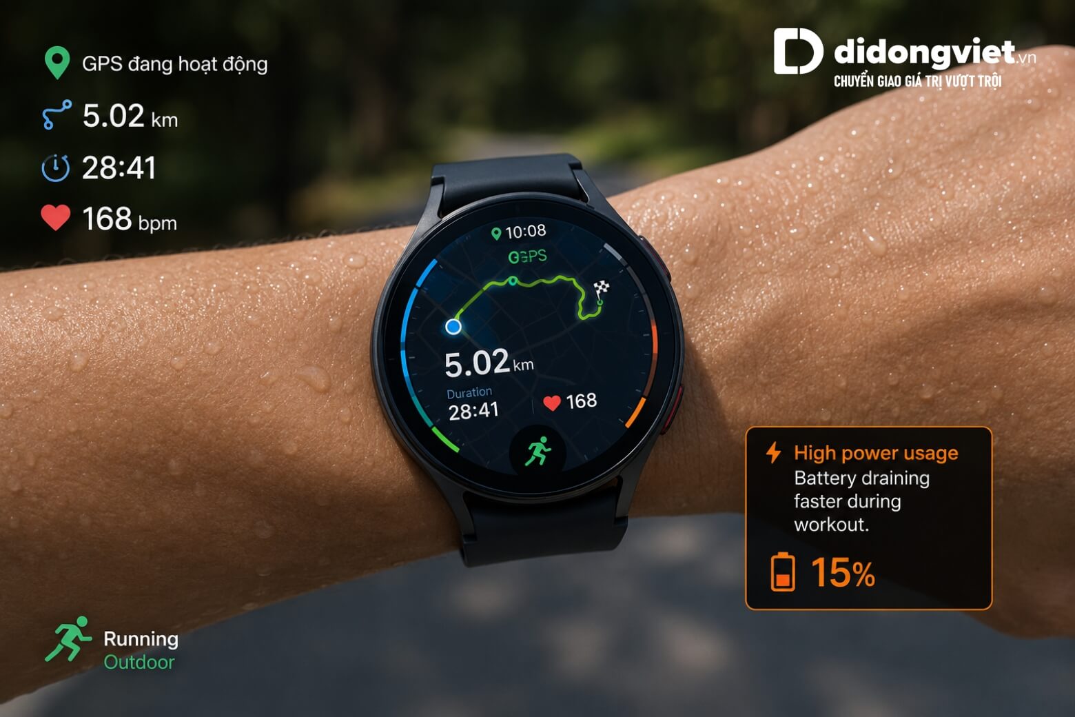 Dùng GPS chạy bộ trên Galaxy Watch9 tốn pin thế nào? Thực tế sử dụng hỗn hợp từ 1 đến 1.5 ngày.