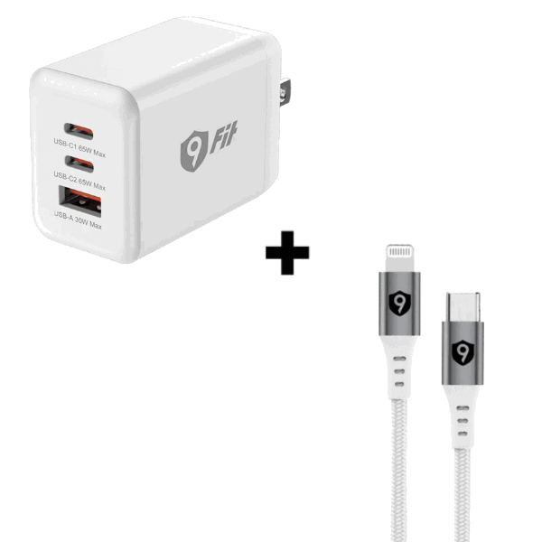 Bộ Combo cáp sạc 9Fit 65W Type-C to Lightning màu trắng
