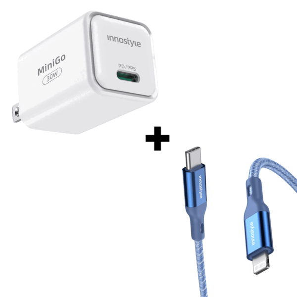 Bộ Combo sạc cáp Innostyle 30W PowerFlex Type-C to Lightning màu xanh dương