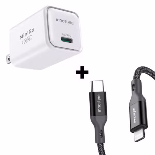 Bộ combo sạc cáp Innostyle 30W PowerFlex Type C to Lightning màu đen - ảnh 1