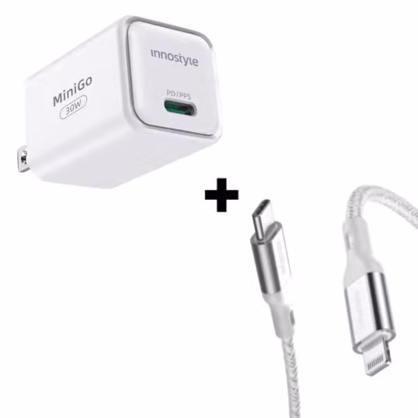 Bộ combo sạc cáp Innostyle 30W PowerFlex Type C to Lightning màu bạc - ảnh 1