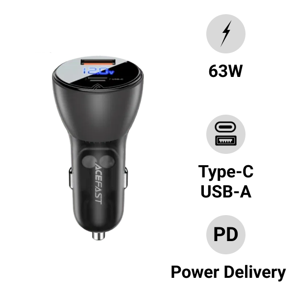 Sạc ô tô 63W (USB-A + USB-C) tích hợp màn hình Digital Acefast B6
