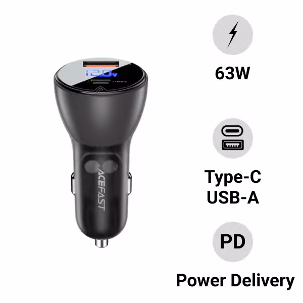 Sạc ô tô 63W (USB-A + USB-C) tích hợp màn hình Digital Acefast B6