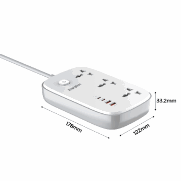 Ổ điện đa năng Energizer 3AC kèm 2USB-A / 2 USB-C sạc nhanh PD 65W EPB3250W00EUWE