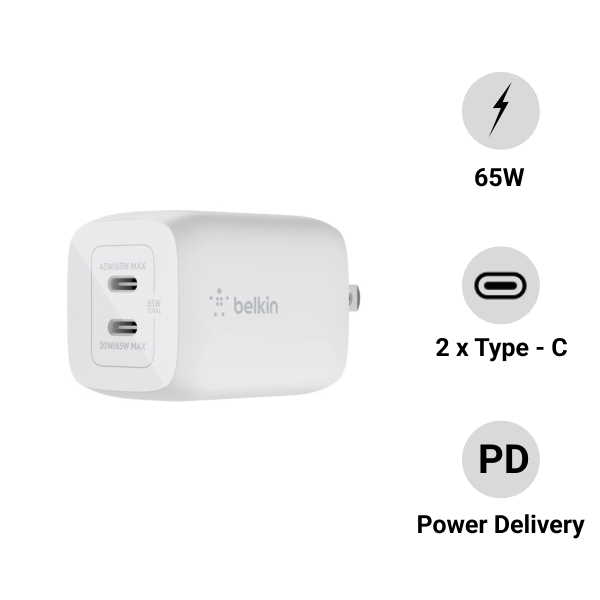 Củ sạc Belkin 65W 2 cổng USB-C, PD 3.0 PPS GaN