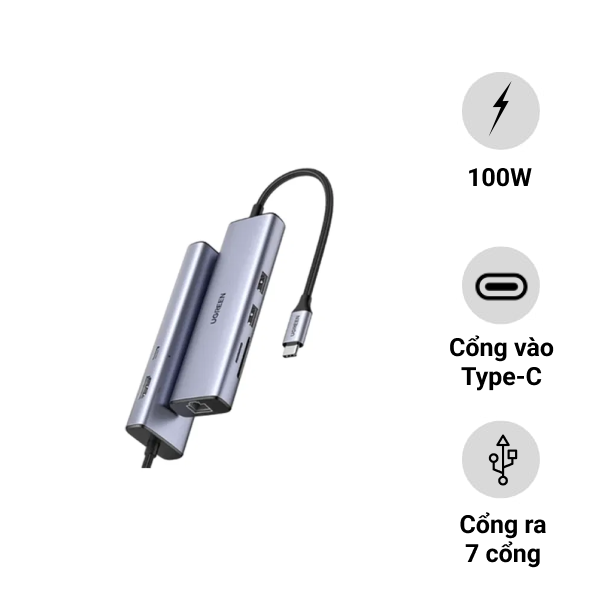 Hub chuyển đổi Ugreen 7in1 USB-C to 2x USB-A 3.0 + HDMI + RJ45 + SD&TF + PD (90568)