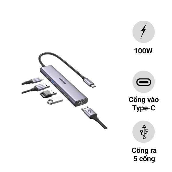 Hub chuyển đổi Ugreen 5in1 USB-C to 2x USB-A 2.0 + USB-A 3.0 + HDMI + PD hỗ trợ 4K (15495)