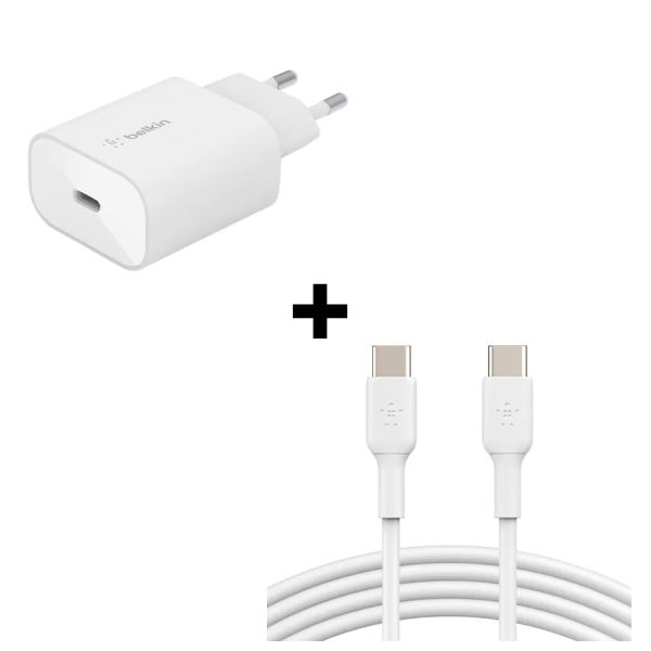 Bộ Combo cáp sạc Belkin 25W Type C-C màu trắng (chân tròn)