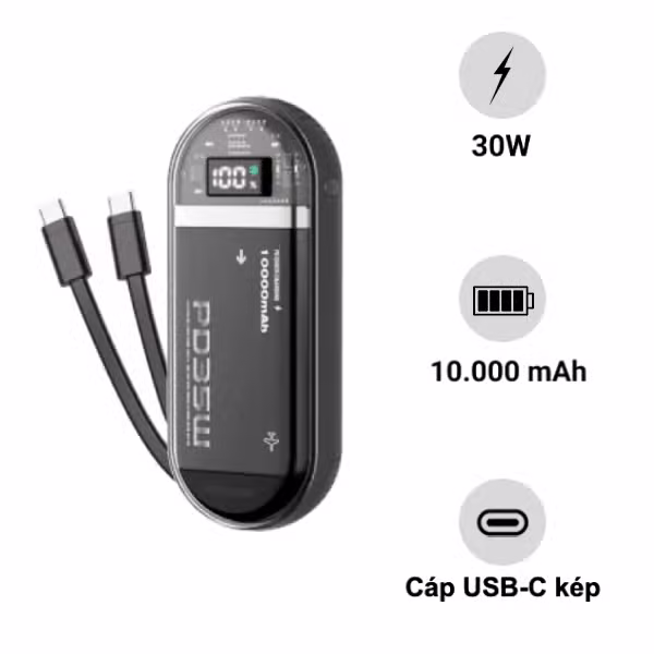 Pin sạc dự phòng kèm cáp Mazer PowerCharge Link 10.000mAh PD35W Dual USB-C