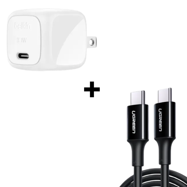Bộ combo cáp sạc belkin - ugreen 30w type-c to type-c (củ trắng - cáp đen)