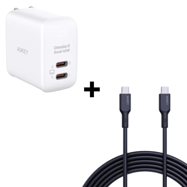 Bộ combo cáp sạc aukey 45w type-c to lightning (củ trắng - cáp đen)